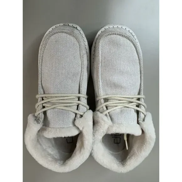 Hey Dude Women's Britt Shoes 9 Herringbone Cream Faux Fur Trim Comfort Cozy - Picture 2 of 13